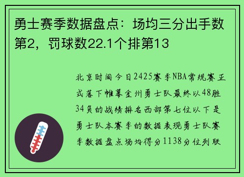 勇士赛季数据盘点：场均三分出手数第2，罚球数22.1个排第13